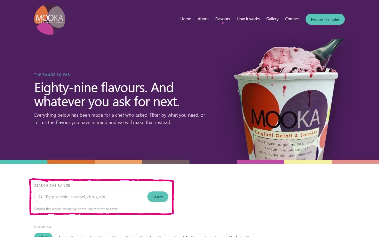 Mooka's flavour library filtering gelato and sorbet by type, base and colour