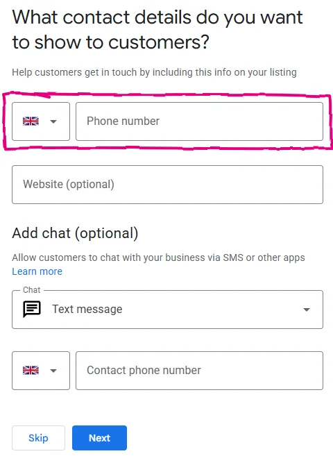 Google's contact details screen with fields for phone number, website and an optional text message chat