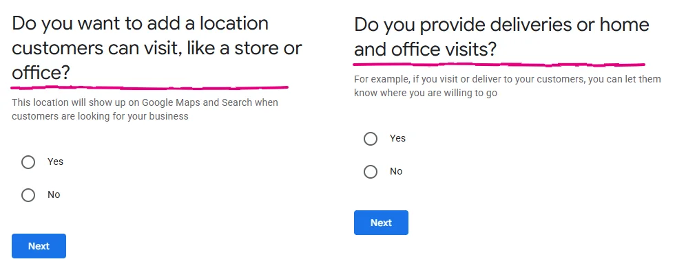 Two Google set-up screens side by side, asking "Do you want to add a location customers can visit?" and "Do you provide deliveries or home and office visits?"
