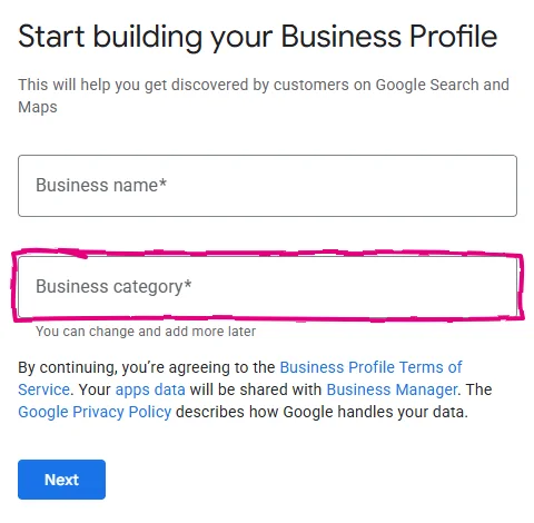 Google's "Start building your Business Profile" screen with boxes for business name and business category, the category box circled