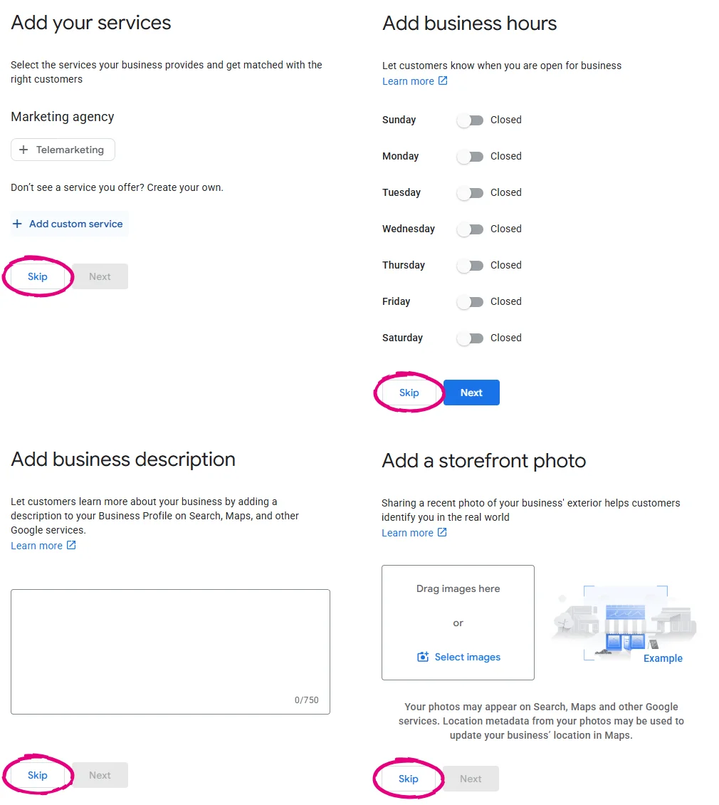 Four Google set-up screens for services, business hours, description and storefront photo, each with its Skip button circled