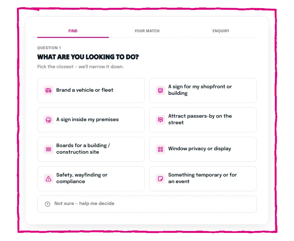 The V Signs Sign Finder asking "What are you looking to do?" with eight plain-English options