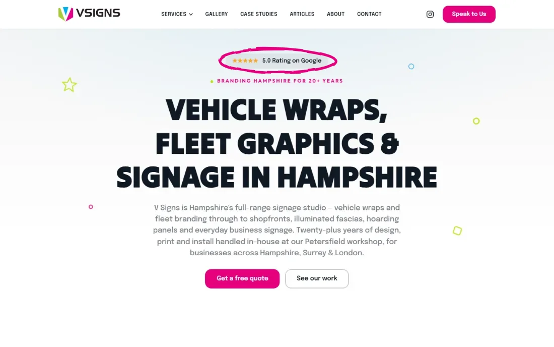 The V Signs homepage, a sign and wrap company near Petersfield