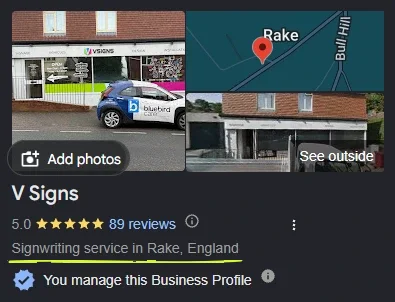 V Signs' Google Business Profile with the corrected name and category